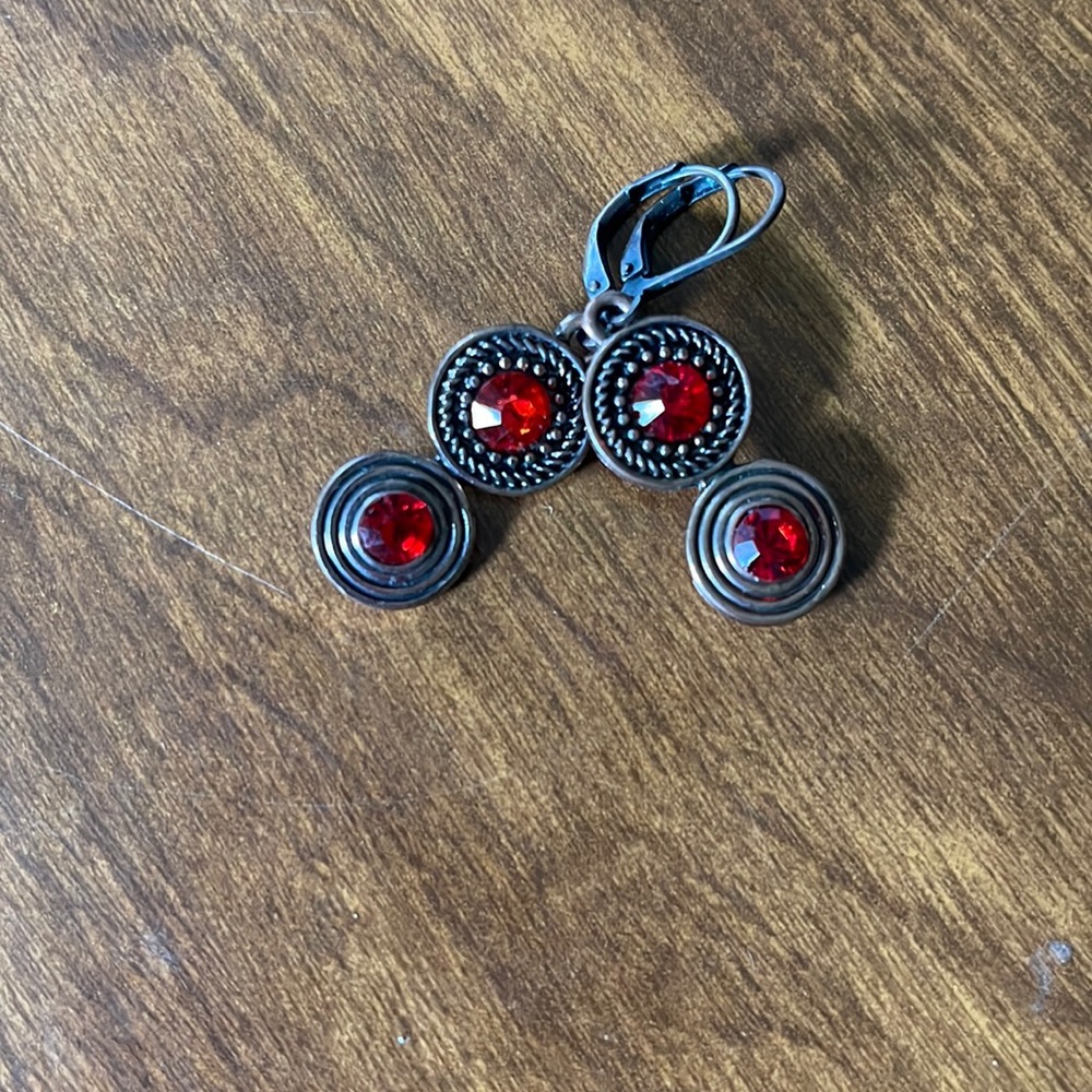 Red and gold/bronze dangle earrings
